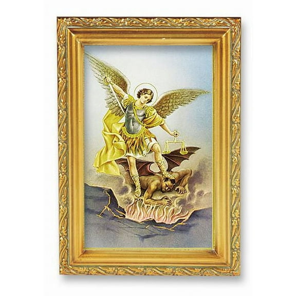St. Michael Picture Framed Wall Art Decor Small, Antique Gold-Leaf Finished Frame with Acantus-Leaf Edging