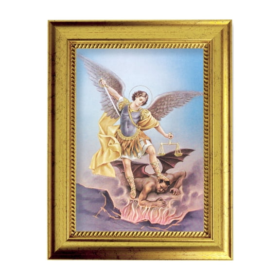 St. Michael Picture Framed Wall Art Decor Small, Antique Gold-Leaf Frame with Rope Detailed Lip
