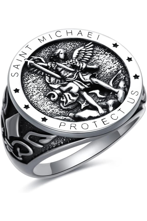 St Michael Ring for Men Sterling Silver Saint Michael Ring San Miguel The Great Protector Archangel Figurine Ring Protection Jewelry Fathers Husband Gift (6)