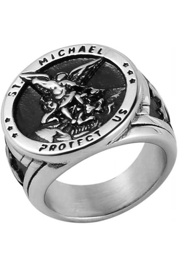 St. Michael San Miguel The Great Protector Archangel Defeating Satan Figurine Stainless Steel Amulet Ring