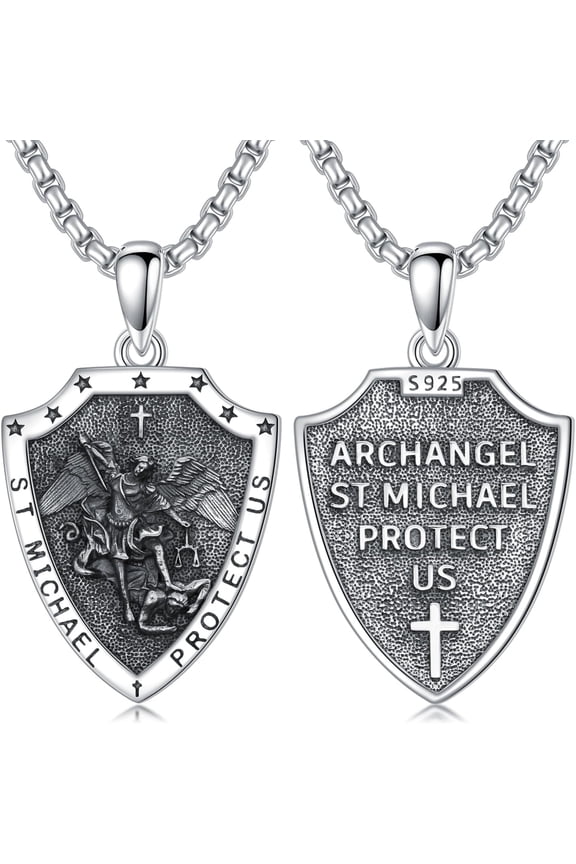 St Michael Shield Necklace Pendant Medal for Men Women 925 Sterling Silver Saint Michael Archangel Religious Amulet Jewelry Christmas Gifts