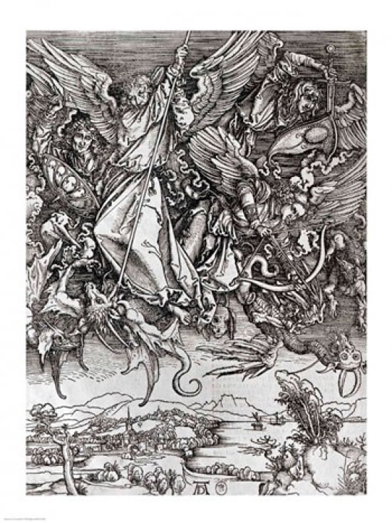 St Michael and the Dragon from a Latin edition 1511 Canvas Art - Albrecht Durer (24 x 36)