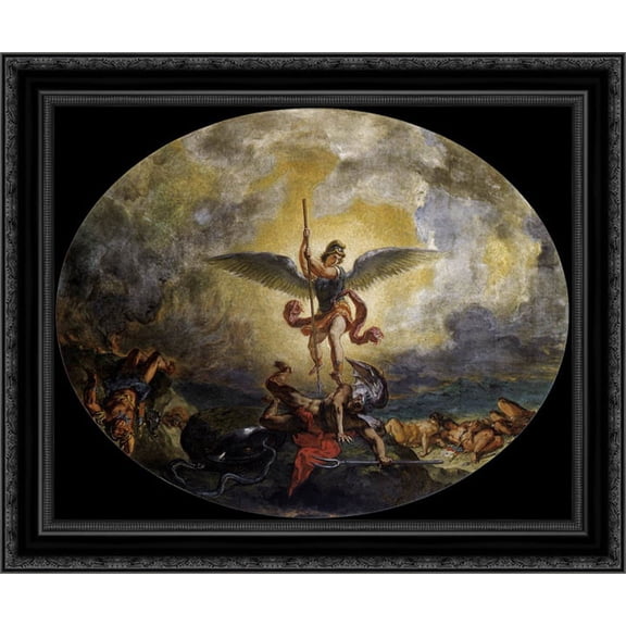 St Michael defeats the Devil 24x20 Black Ornate Wood Framed Canvas Art by Delacroix, Eugene