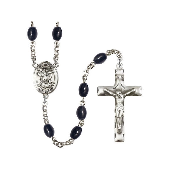 St. Michael the Archangel Silver-Plated Rosary 8x6mm Black Onyx Beads Crucifix Size 1 3/4 x 1 medal charm
