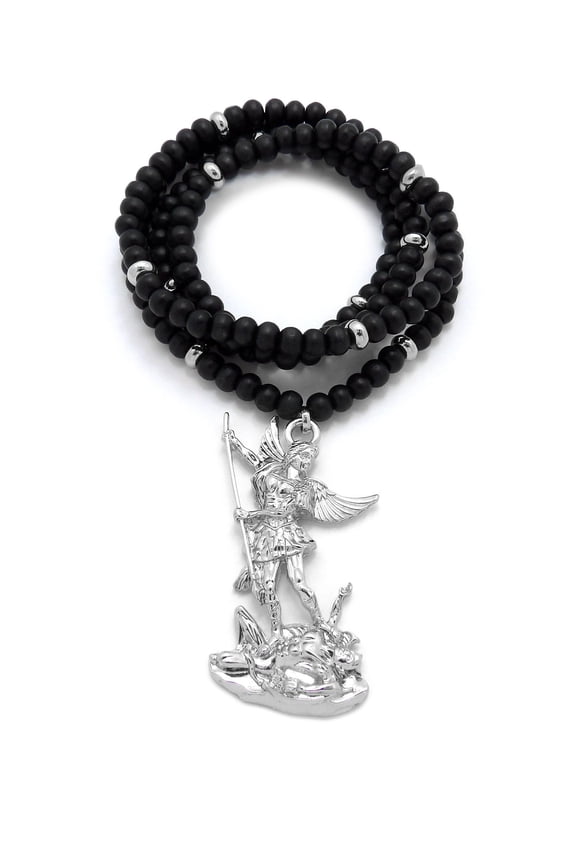 St. Michael the Archangel Slaying Pendant with 6mm 30" Wooden Bead Metal Disc Necklace, Silver-Tone
