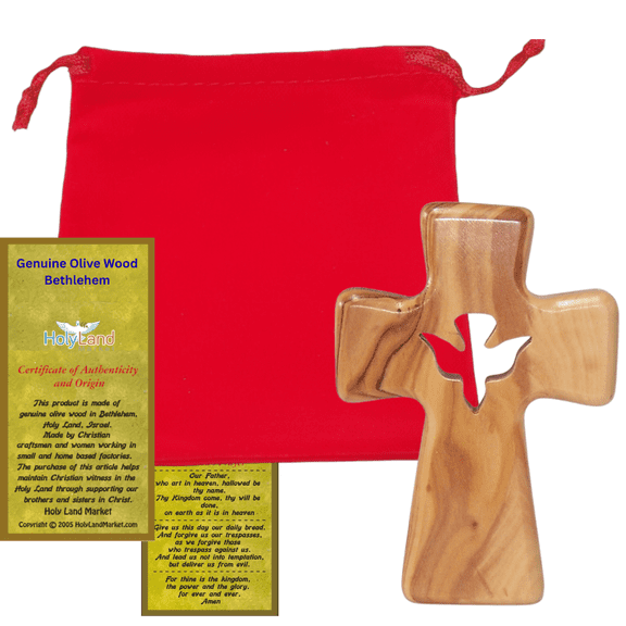 Wooden Pocket Cross - Bethlehem Olive Wood - 3-in-1 Design: Standing, Hanging, or Holding - Hand-Carved Holy Spirit Dove Silhouette - Includes Velvet Pouch, Prayer Card, & Certificate ( 4.2 Inches )