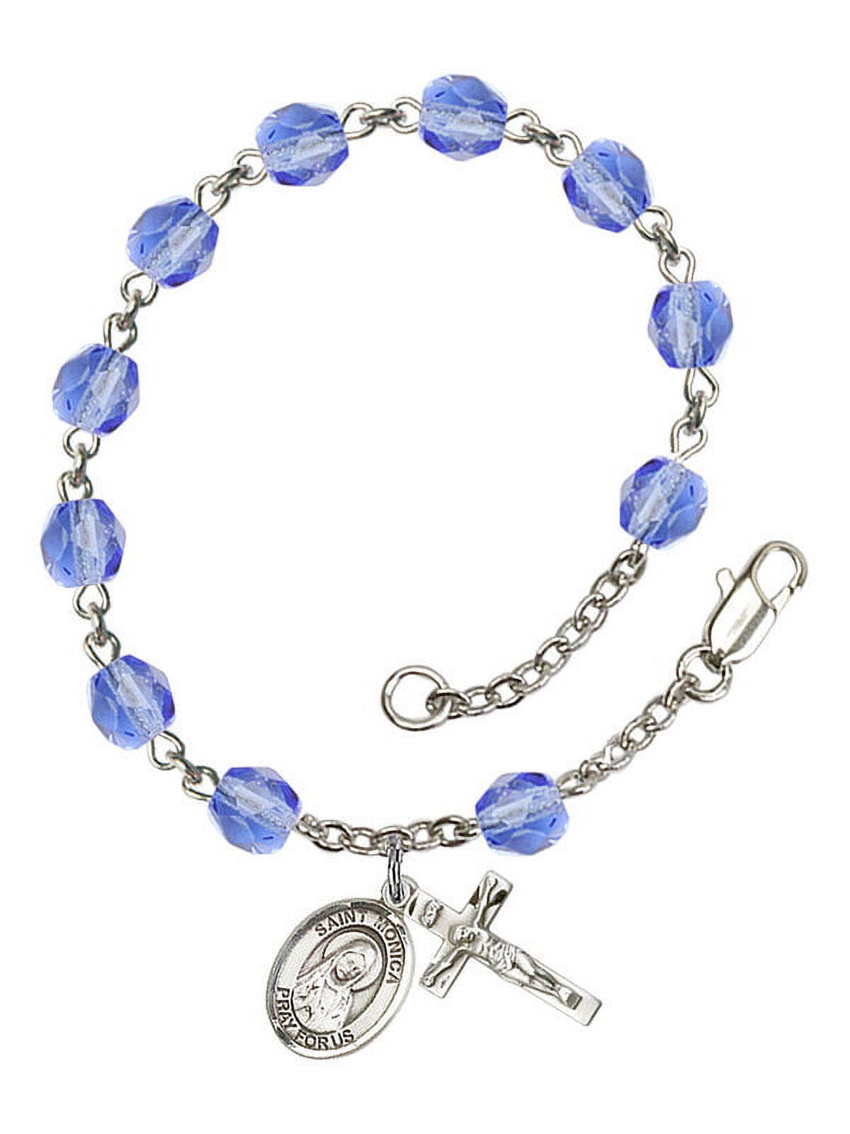 St. Monica Silver Plate Rosary Bracelet 6mm September Blue Fire Polished Beads Crucifix Size 5/8 x 1/4 medal charm