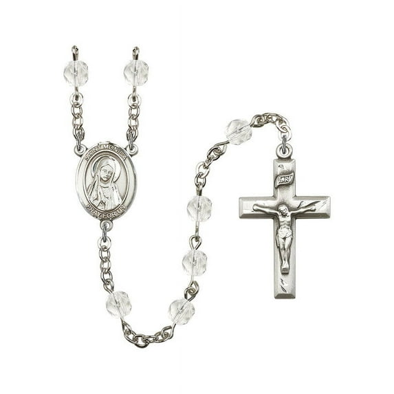 St. Monica Silver-Plated Rosary 6mm April Crystal Fire Polished Beads Crucifix Size 1 3/8 x 3/4 medal charm