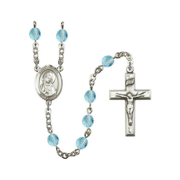 St. Monica Silver-Plated Rosary 6mm March Light Blue Fire Polished Beads Crucifix Size 1 3/8 x 3/4 medal charm