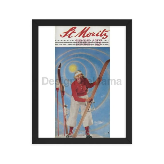 St. Moritz, 1936. Photomontages, design and text by Walter Herdeg and Walter Amstutz. Printed by Art. Published by the tourist bureau of St. Moritz, Switzerland. Framed Vintage Travel Poster