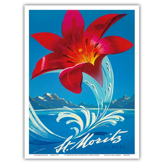 St. Moritz Les Bain - Schweiz Switzerland Suisse Svizzera - Red Lily - Vintage Travel Poster by Martin Peikert c.1958 - Master Art Print (Unframed) 9in x 12in