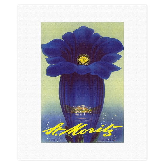 St. Moritz Switzerland (Schweiz) - Blue Trumpet Gentian Flower - Vintage Travel Poster by Leo Keck c. 1931 - Fine Art Rolled Canvas Print 11in x 14in