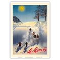 thumbnail image 1 of St. Moritz Switzerland - Skiers in Snow - Vintage Travel Poster by Walter Herdeg c.1935 - Master Art Print 10in x 14in, 1 of 4