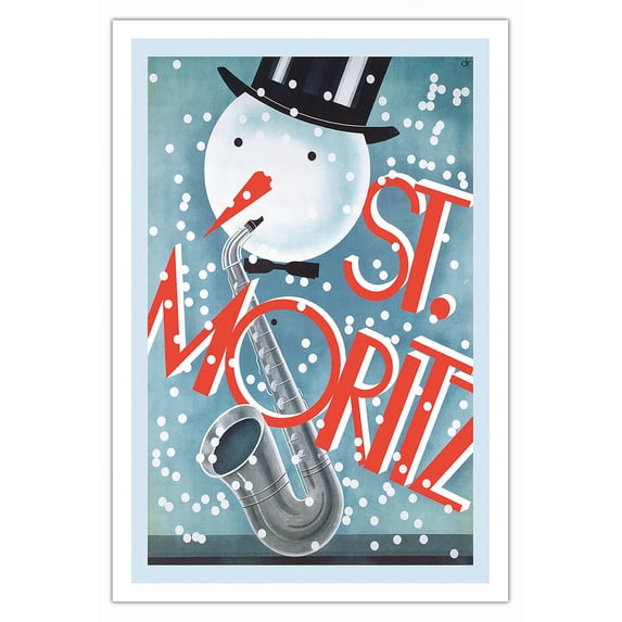 St. Moritz Switzerland - Snowman Playing Saxophone - Vintage Travel Poster by Charles Kuhn c.1928 - Fine Art Matte Paper Print (Unframed) 30x44in