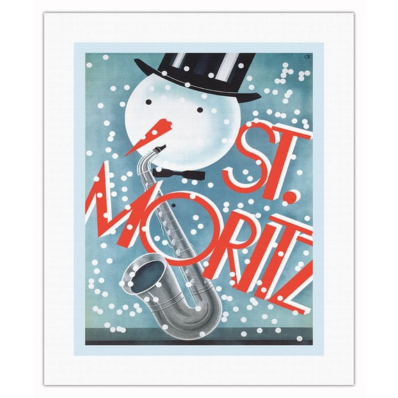St. Moritz Switzerland - Snowman Playing Saxophone - Vintage Travel Poster by Charles Kuhn c.1928 - Fine Art Rolled Canvas Print 16in x 20in