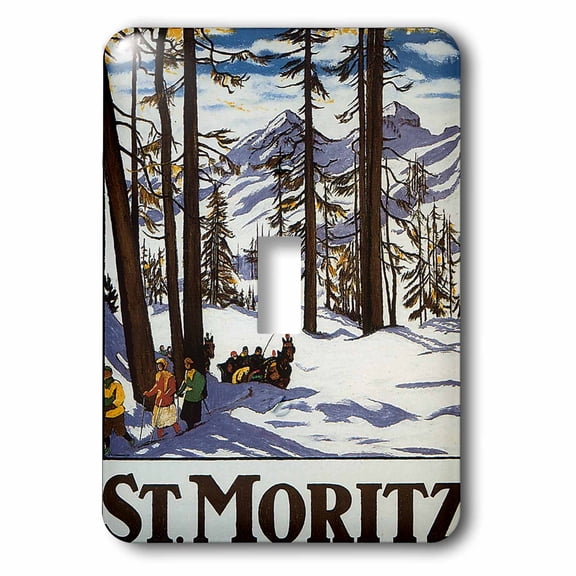 3dRose, St. Moritz Winter Scene with People Skiing and Horse Drawn Sleigh, single toggle switch