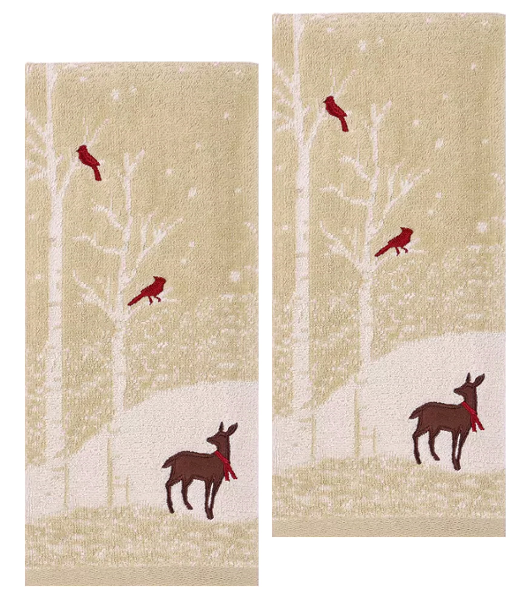 St. Nicholas Bath Hand Towels, Woodland Winter Deer Cardinals, 16" x 25" Cotton 2-piece