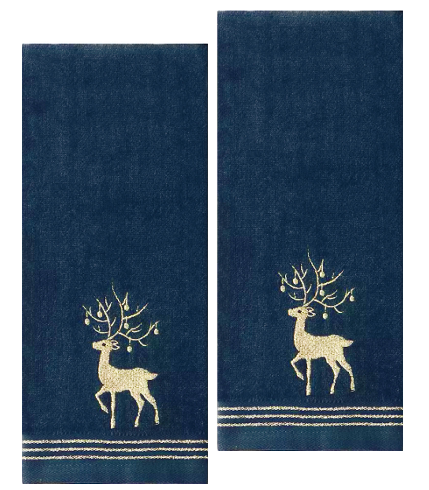 St. Nicholas Blue Reindeer Hand Towels Gold Embroidery Christmas, Cotton, 2 Piece Set