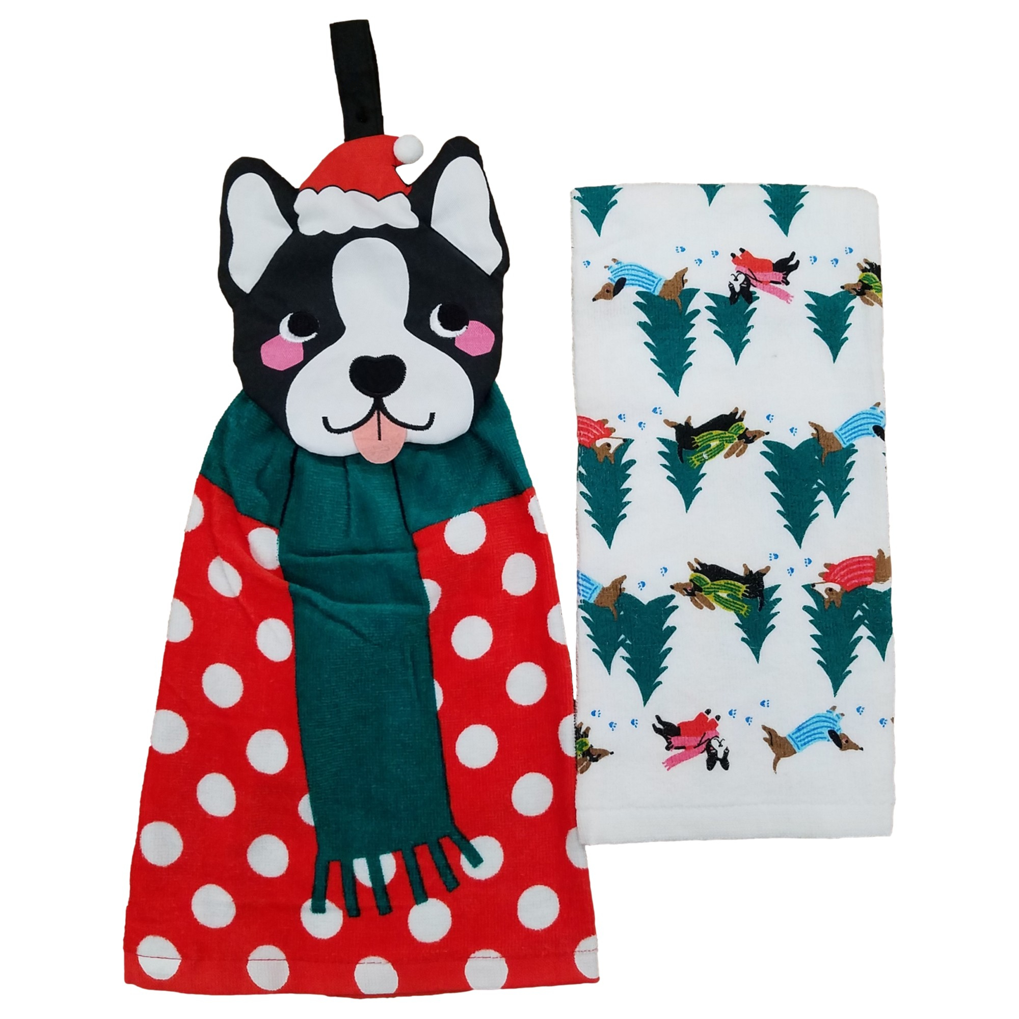 St Nicholas Square Christmas Puppy Dog Kitchen Towel Set 2 Holiday Dish Towels