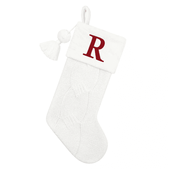St. Nicholas Square Faux-Fur Knit Monogram Christmas Holiday Stocking - Letter R White Sock
