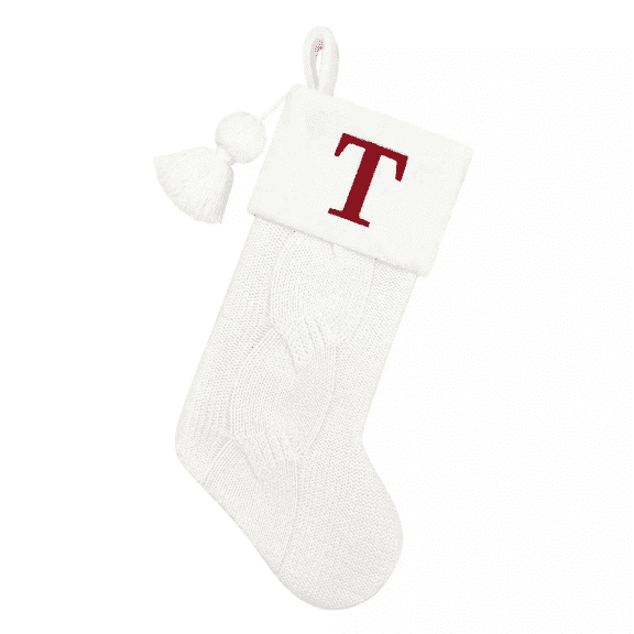 St. Nicholas Square Faux-Fur Knit Monogram Christmas Holiday Stocking - Letter T White Sock