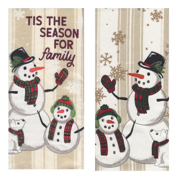 St. Nicholas Square Kitchen Towels, 2-Pack, Family Snowman Print, Cotton, Multicolor