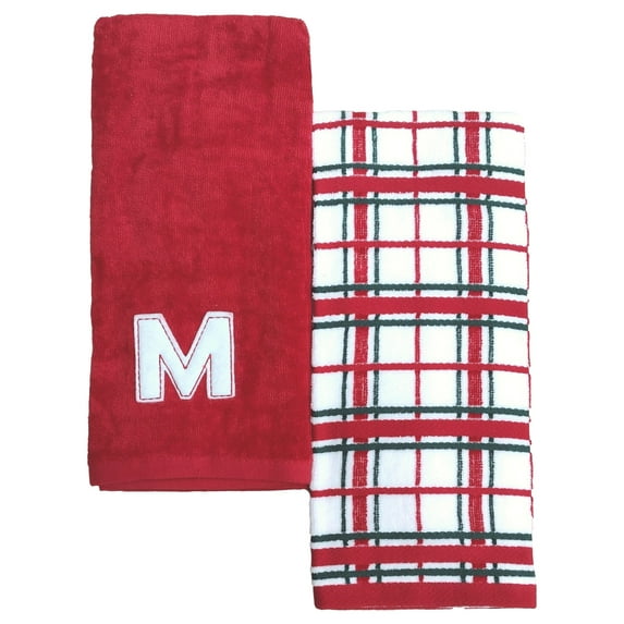 St Nicholas Square Red Christmas Plaid "M" Monogram Hand Towel Set, 2 piece