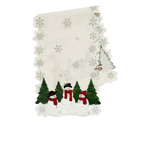 St Nicholas Square Snowman Table Runner 13 x 36 Embroidered Scalloped Snowflakes