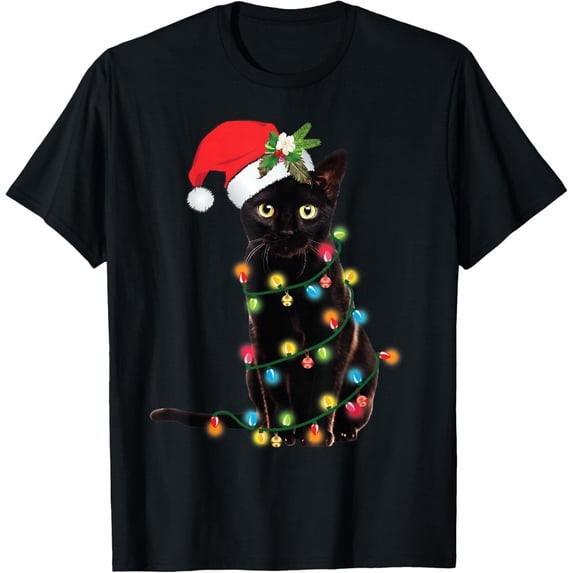 St Nick Black Cat Tangled Up In Christmas Tree Lights T-Shirt - Walmart.com