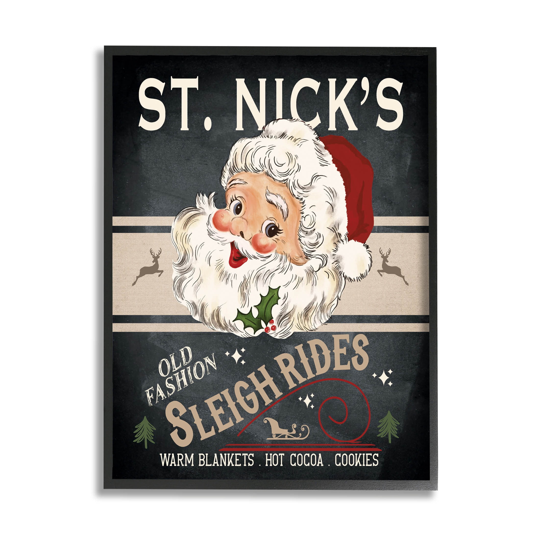 St. Nick's Sleigh Rides Vintage Style Sign Holiday Graphic Art Black Framed Art Print Wall Art