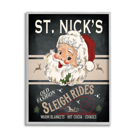 St. Nick's Sleigh Rides Vintage Style Sign Holiday Graphic Art Gray Framed Art Print Wall Art