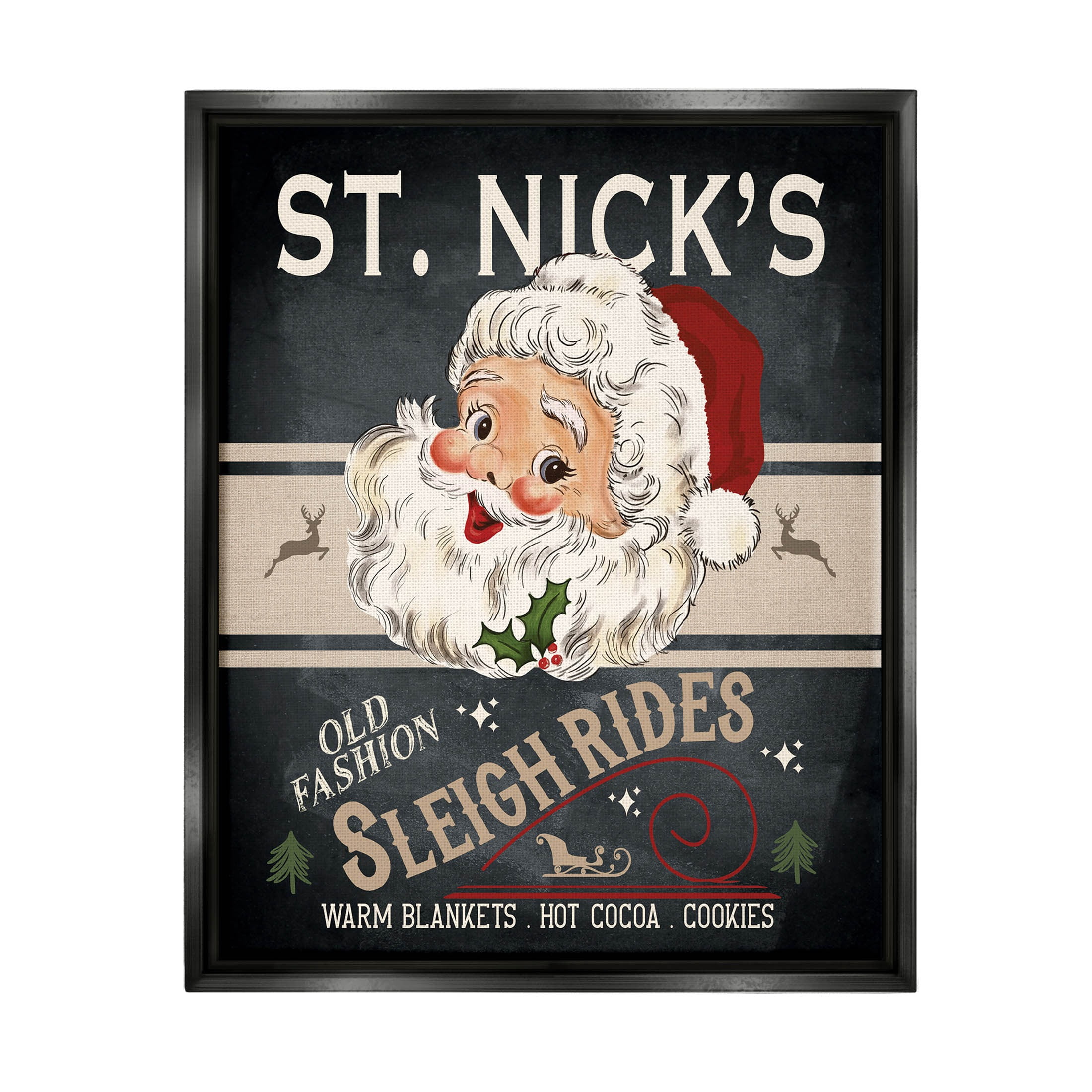 St. Nick's Sleigh Rides Vintage Style Sign Holiday Graphic Art Jet Black Framed Art Print Wall Art