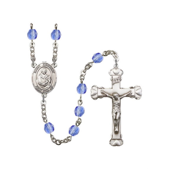 St. Norbert of Xanten Silver-Plated Rosary 6mm September Blue Fire Polished Beads Crucifix Size 1 5/8 x 1 medal charm