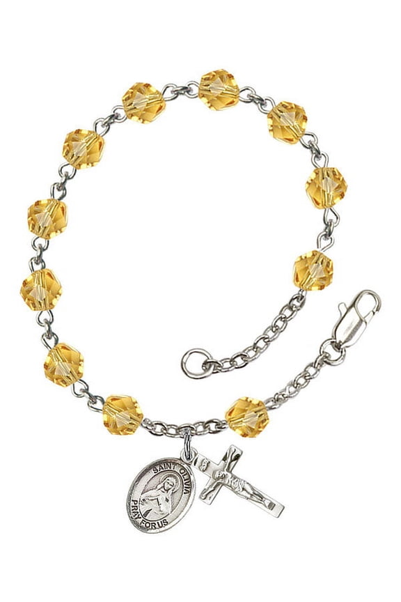 St. Olivia Silver Plate Rosary Bracelet 6mm November Yellow Fire Polished Beads Crucifix Size 5/8 x 1/4 medal charm
