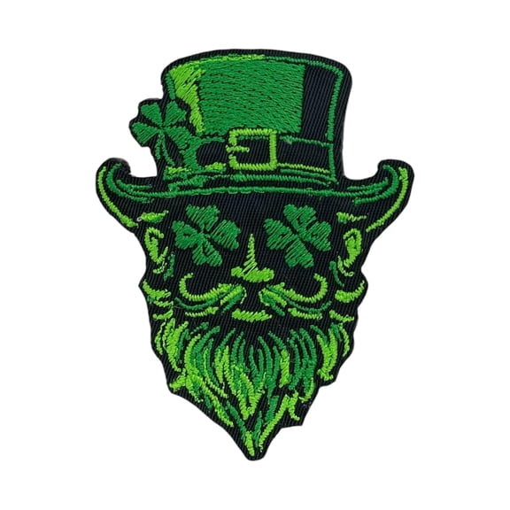 St Paddy Leprechaun Embroidered Iron-On Patch, Bearded Leprechaun with Shamrock Eyes, St Patrick's Day Theme, 2.88 x 2.25 Inches