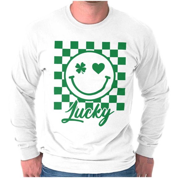 St Paddy Lucky Clover Happy Face Long Sleeve TShirt Men Women Brisco Brands S