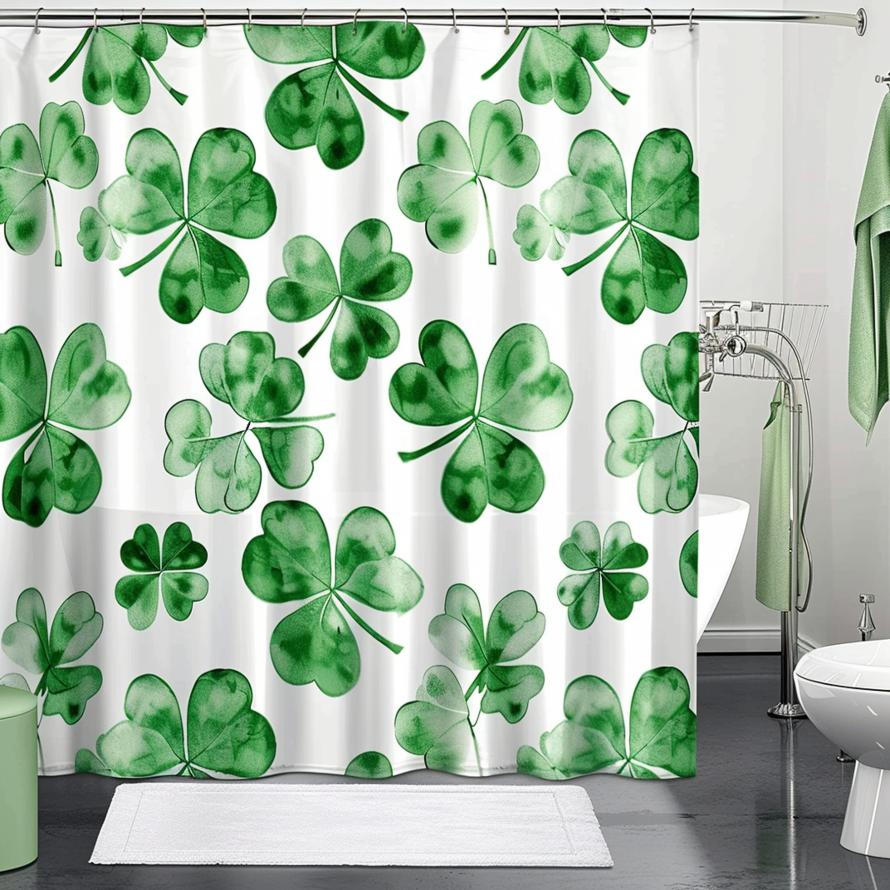 St Paddy's Day Shamrock Shower Curtain White Background with Green