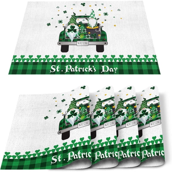 St Paddy''s Leprechaun Placemats Set of 6 Cotton Linen Place Mats Green Clover Dinner Mat Easy Clean Resistant Holiday Table Decor Machine Washable