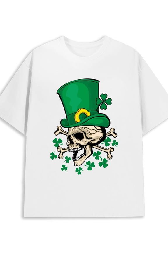 St. Paddy's Skull men's 180G 100% Cotton white Funny Unisex Shirt Crewneck tshirts Retro Unisex Shirt Printed tshirts Original Unisex Shirt Crewneck tshirts