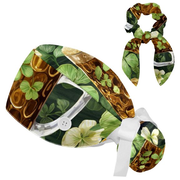 St. Parikh's Day Working Cap with Buttons，Adjustable Surgical Scrub Cap with Bow Hair Scrunchy for Woman