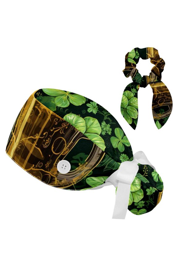 St. Parikh's Day Working Hat Adjustable Scrub Cap with Buttons and Bow Hair Scrunchy for Nurse and Doctor