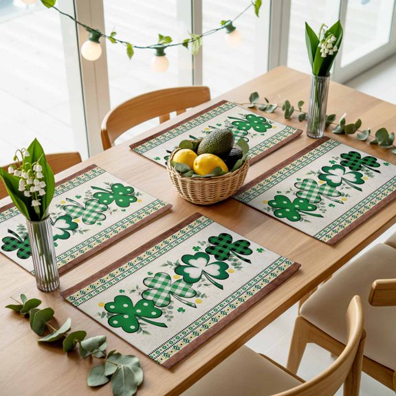 St. Patrick Botanical Clovers Leaves Placemats Set of 4,Wipeable Washable Table Mats for Dining Tables, Shamrock Wooden Plank Place Mats for Kitchen Event Party Tabletop Decor