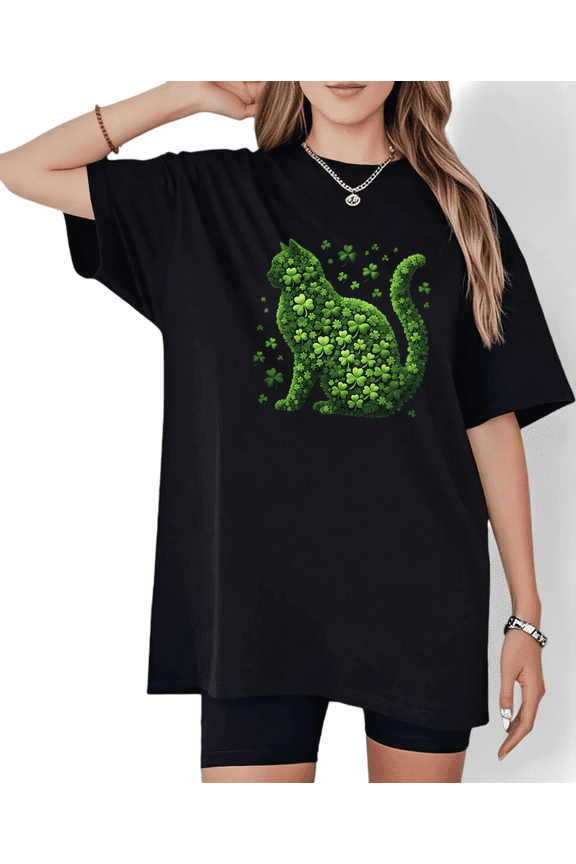 St Patrick Day Cat Clover Graphic Soft Everyday Cotton Tees Shirts Casual Daily Tops Short Sleeve Round Neck Black S-5XL