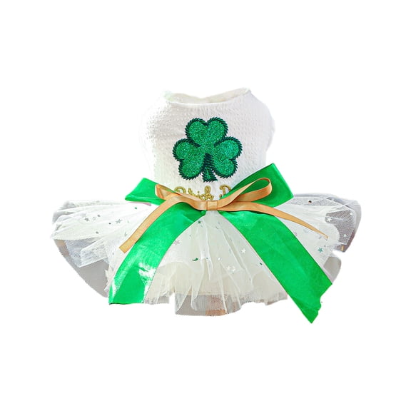 St. Patrick Day Dog Dress Green Sequins Clover Puppy Dog Costume with Bow Spring Holiday Pet Clothes Gift (M)