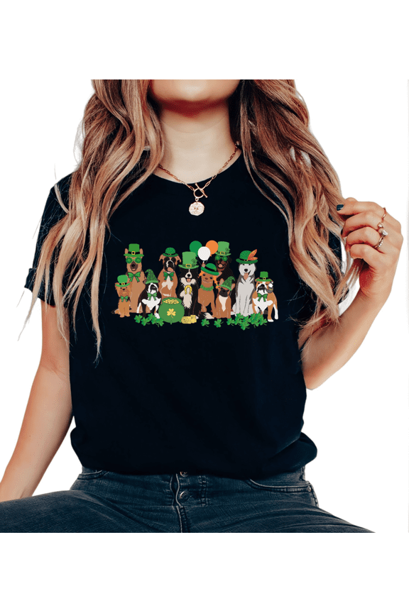 St Patrick Day Dog Group Leprechaun Hat Clover Pot Of Gold Balloon Graphic Simple Minimalist Tees Shirts Tops Short Sleeve Black S-5XL