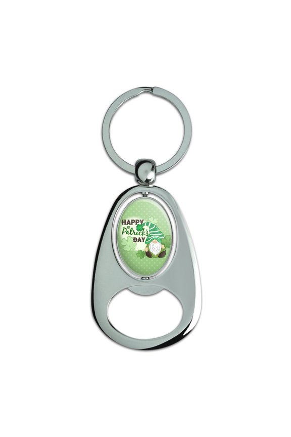 St. Patrick Day Gnome Keychain Chrome Metal Spinning Oval Bottle Opener