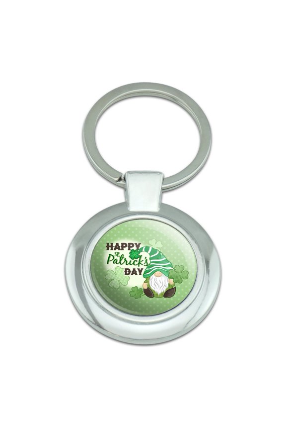 St. Patrick Day Gnome Keychain Classy Round Chrome Plated Metal