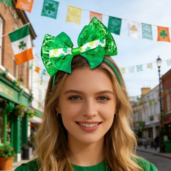 St Patrick Day Headband Irish Festival Green Shamrock Hair Accessory Party Costume Prop Elastic Comfortable Adjustable Wear Parade Celebration Photo Decor Carnival Supply Holiday Event Use