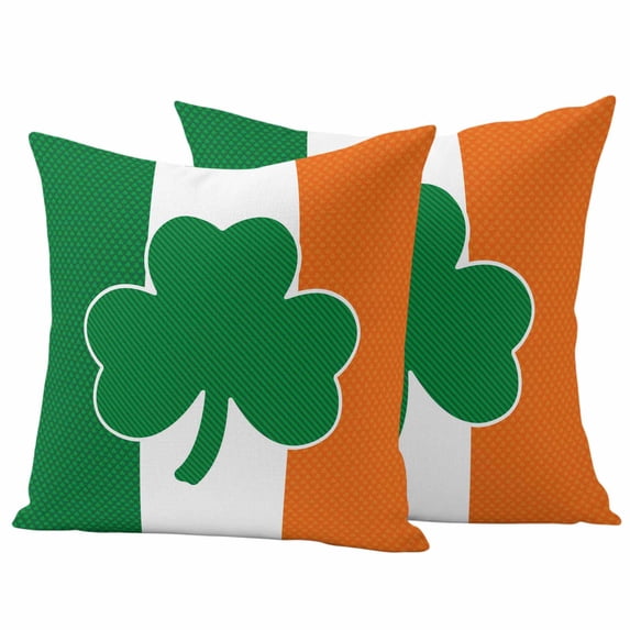 St Patrick Day Pillow Covers 2 Pack Vintage Green White Orange Irish Flag Green Shamrock Pillowcase Waterproof Outdoor Throw Pillow Cover for Patio Garden Square Cushion 20”x20”