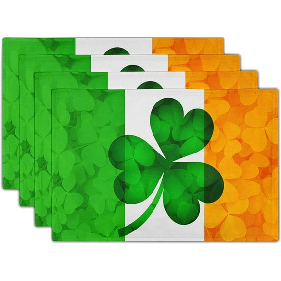 St.Patrick Day Placemats Set of 4 Irish Tricolor Clovers Linen Table Place Mat Green Shamrock on Irish Flag Non-Slip Heat Resistant Table Mats Kitchen Decoration for Dining Home Party